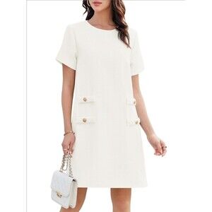Womens Tweed Cream Jackie A Line Mini Shift Dress Elegant Crew Neck Short Sleeve